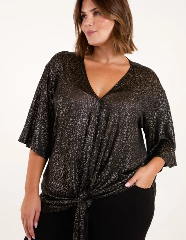 Blue Vanilla Curve Leopard V Neck Tie Front Top - 2