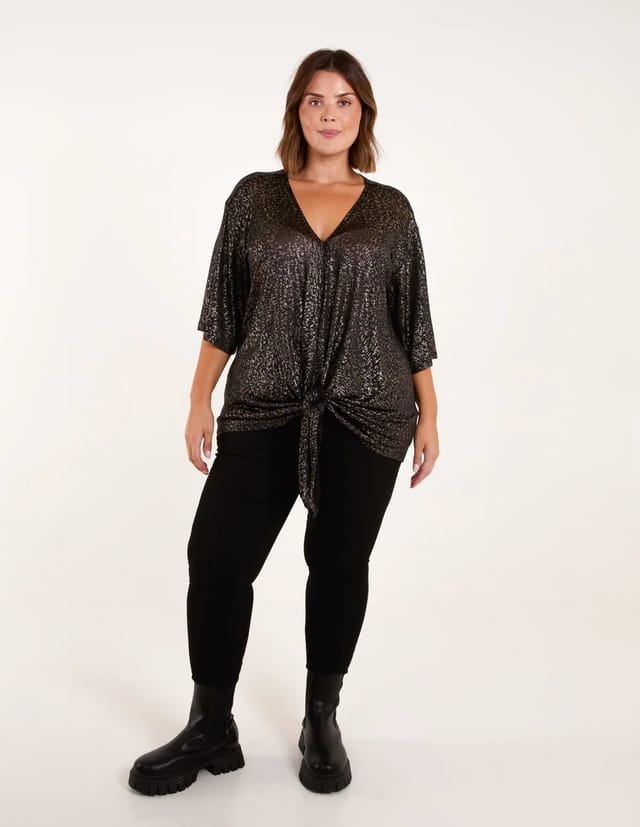 Blue Vanilla Curve Leopard V Neck Tie Front Top - 3