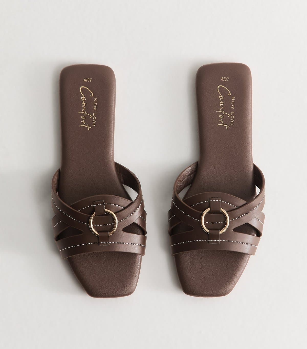 New Look Women's Brown Faux Leather Contrast Stitch Hardware Detail Flat Sandals Vegan New Look