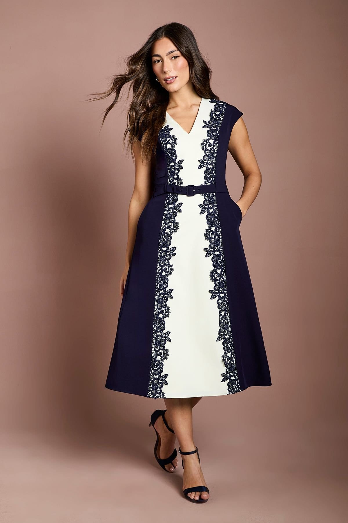Coast Navy Lace Trim Colour Block Belted Midi Dress
