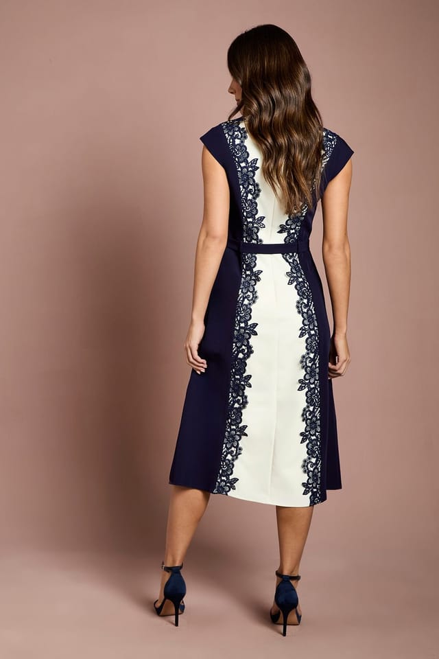 Coast Coast Women's Lace Trim Colour Block Belted Midi Dress in Navy - 3