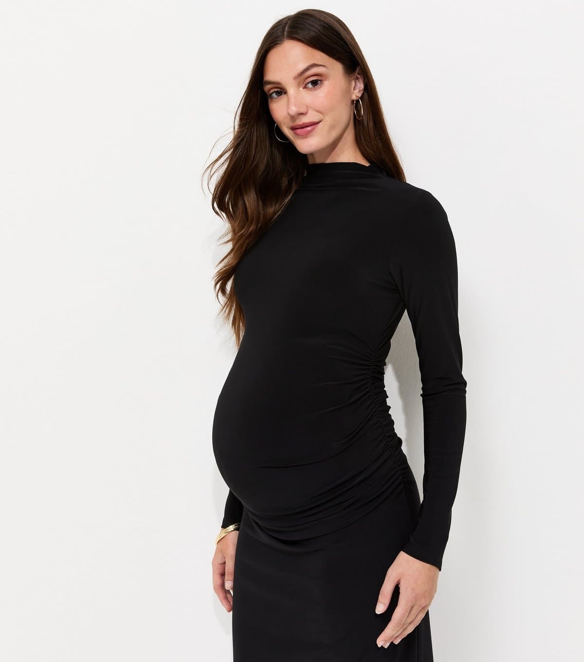 New Look Women's Maternity Black Long Sleeve High Neck Ruched Midi Dress New Look