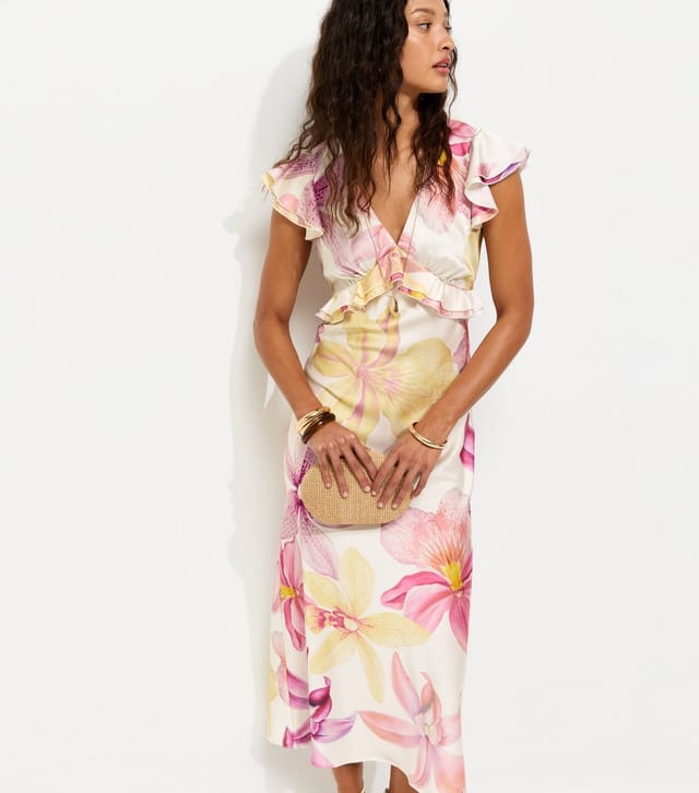 Unknown Women's Cream Satin Orchid Print Flutter Sleeve Midi Dress  New Look - 3