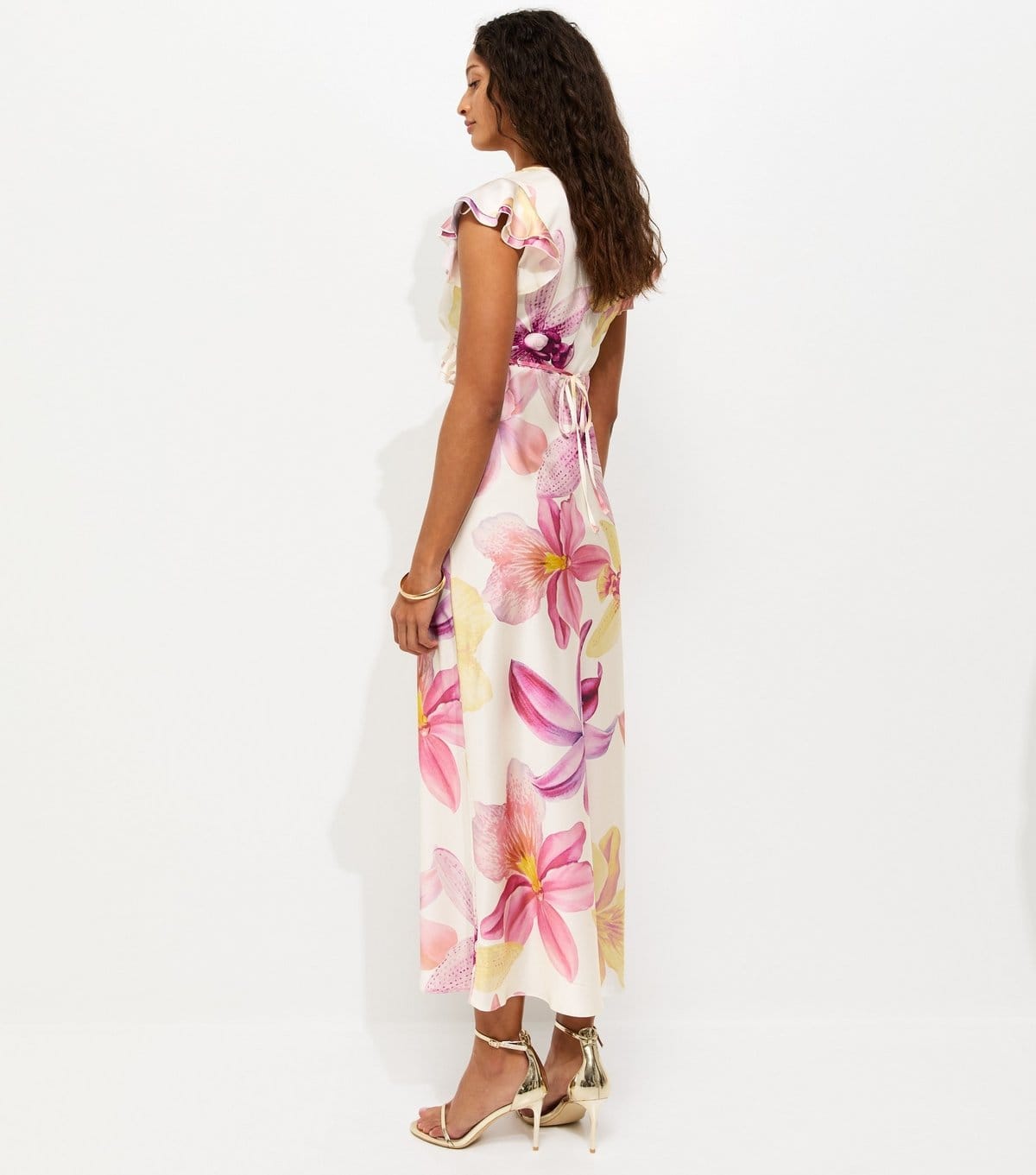 Unknown Women's Cream Satin Orchid Print Flutter Sleeve Midi Dress  New Look - 4