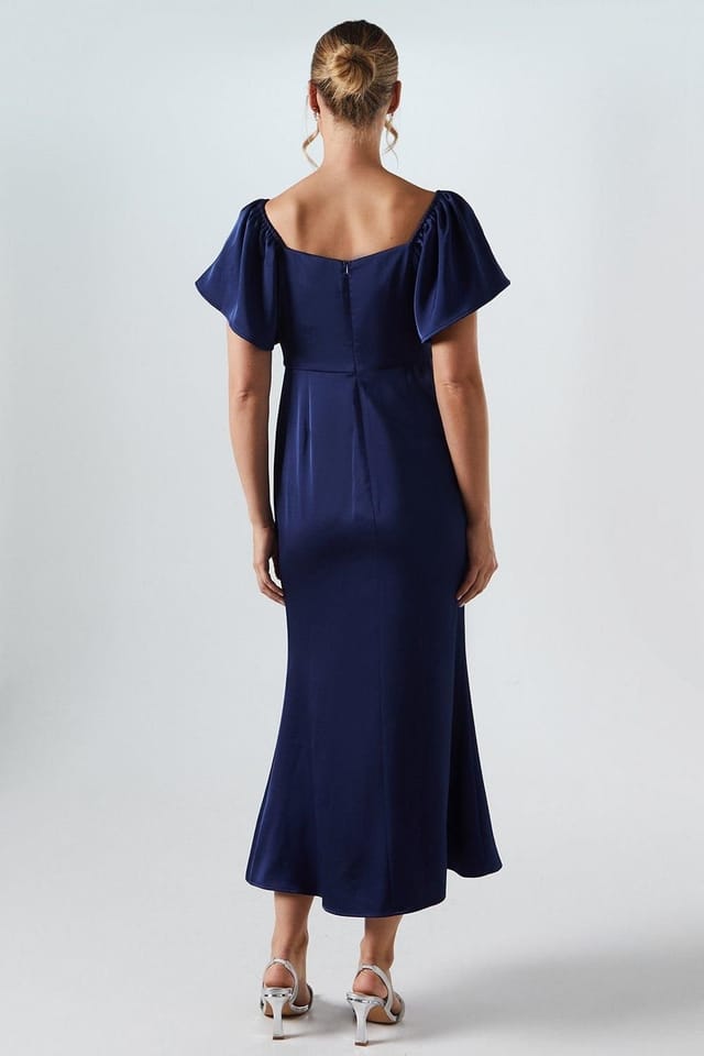 Oasis Oasis Women's Angel Sleeve Satin Bridesmaid Midi Dress in Navy - 3