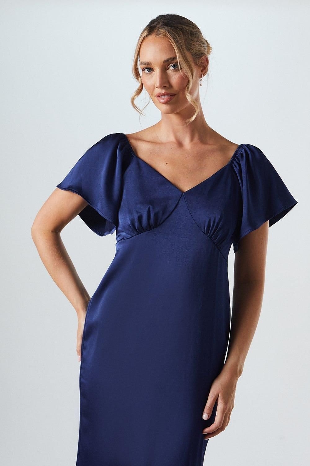 Oasis Oasis Women's Angel Sleeve Satin Bridesmaid Midi Dress in Navy - 4