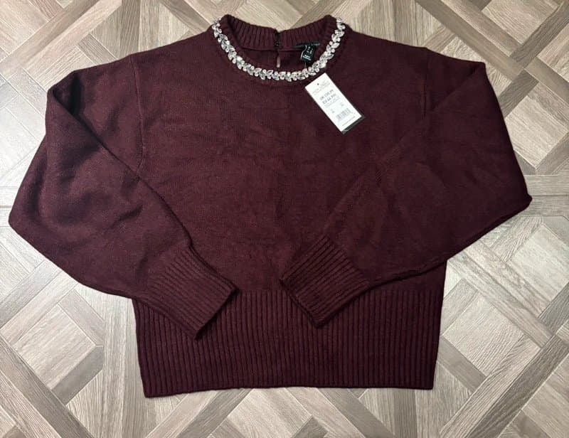 New Look Burgundy Embellished Necklace Jumper