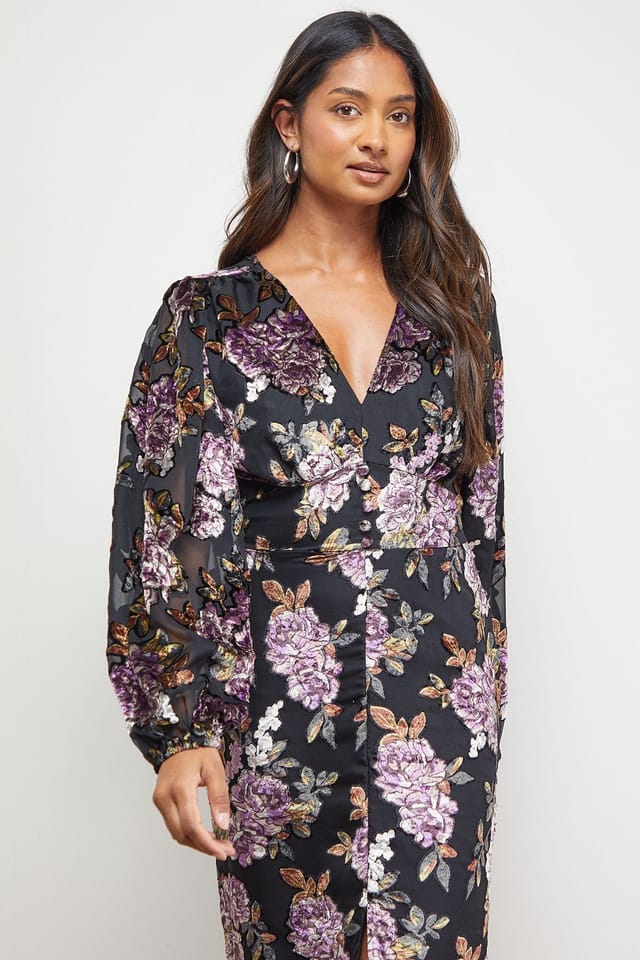 Oasis Oasis Women's Devore V Neck Puff Sleeve Midi Tea Dress in Floral - 2