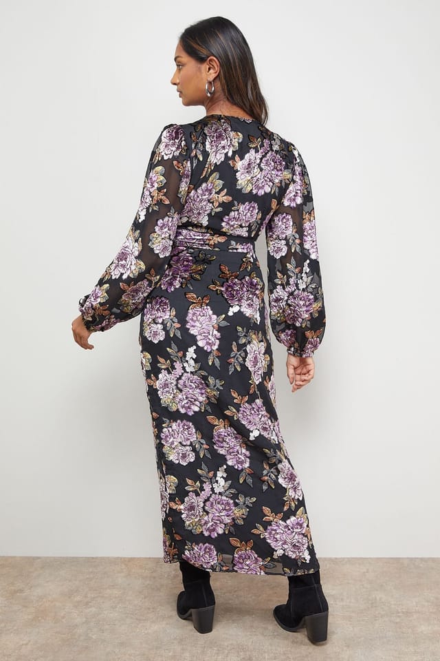 Oasis Oasis Women's Devore V Neck Puff Sleeve Midi Tea Dress in Floral - 3