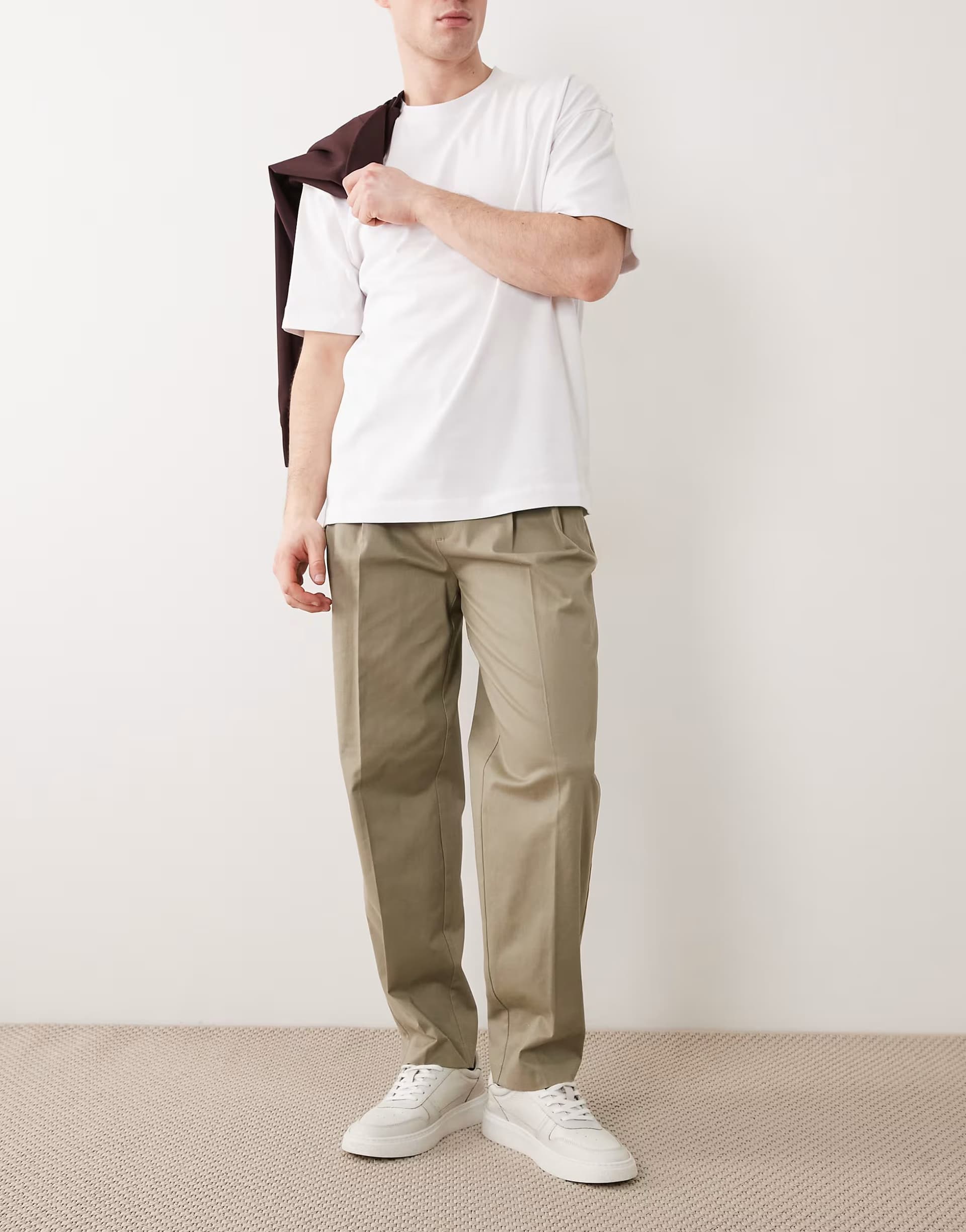 ASOS ASOS DESIGN smart cotton rich oversized tapered chino trousers in khaki with front pleats
