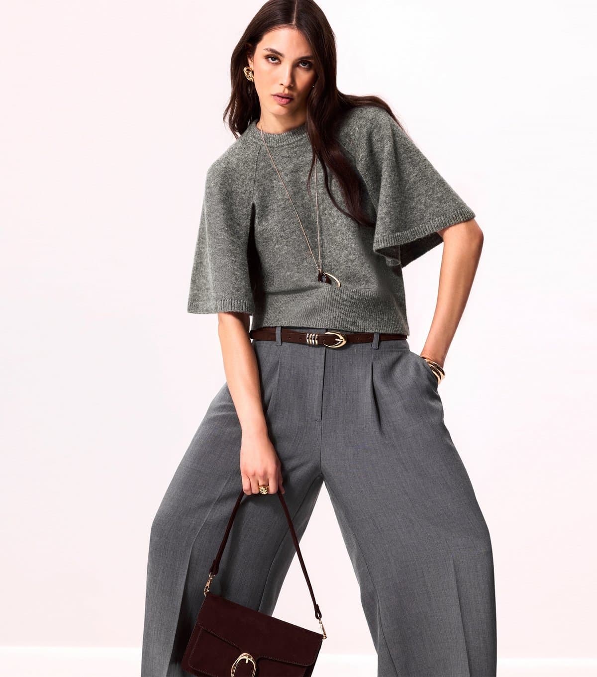 New Look Women's Grey Knitted Cape Sleeve T-Shirt New Look
