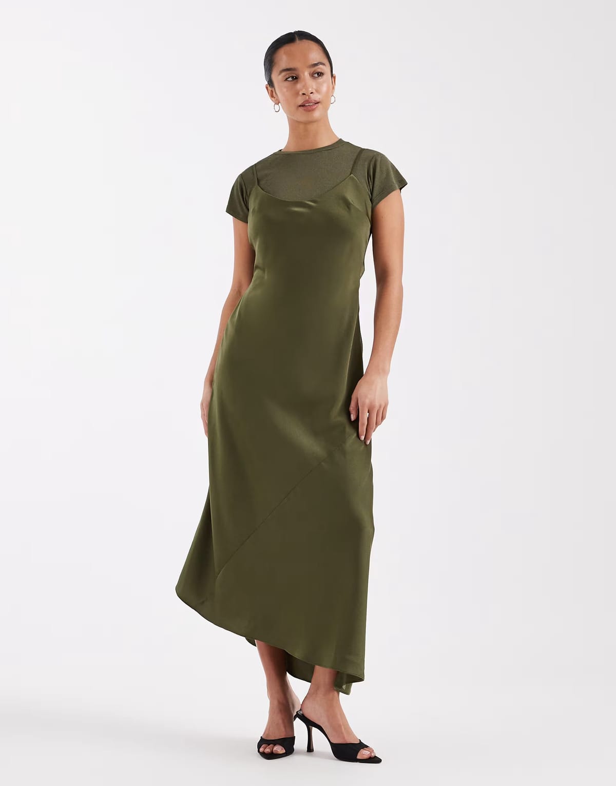 ASOS ASOS DESIGN Petite cami satin 2 in 1 t shirt midi dress in khaki - 1