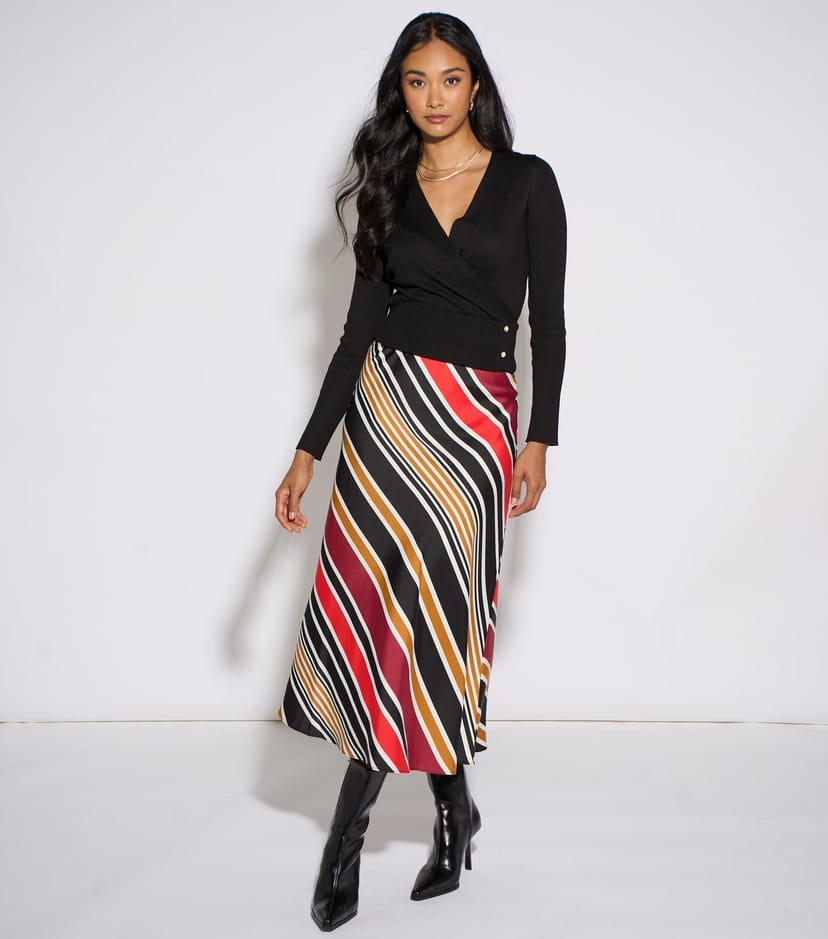 Gini London Women's Black Diagonal Stripe Satin Bias Cut Skirt Gini London New Look - 1