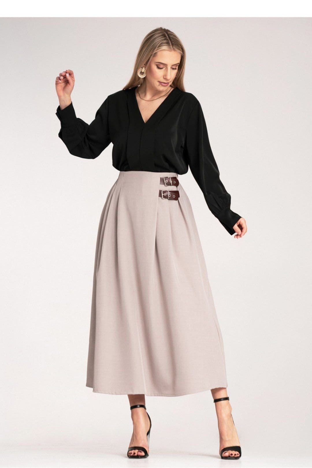 Love Lace Beige Midi Pleated Skirt with Side Buckles