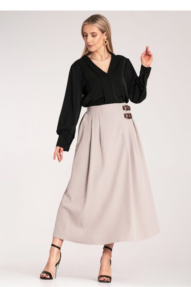 Love Lace Love Lace Women's Elegant Midi Pleated Skirt with Side Buckles in Beige - 2