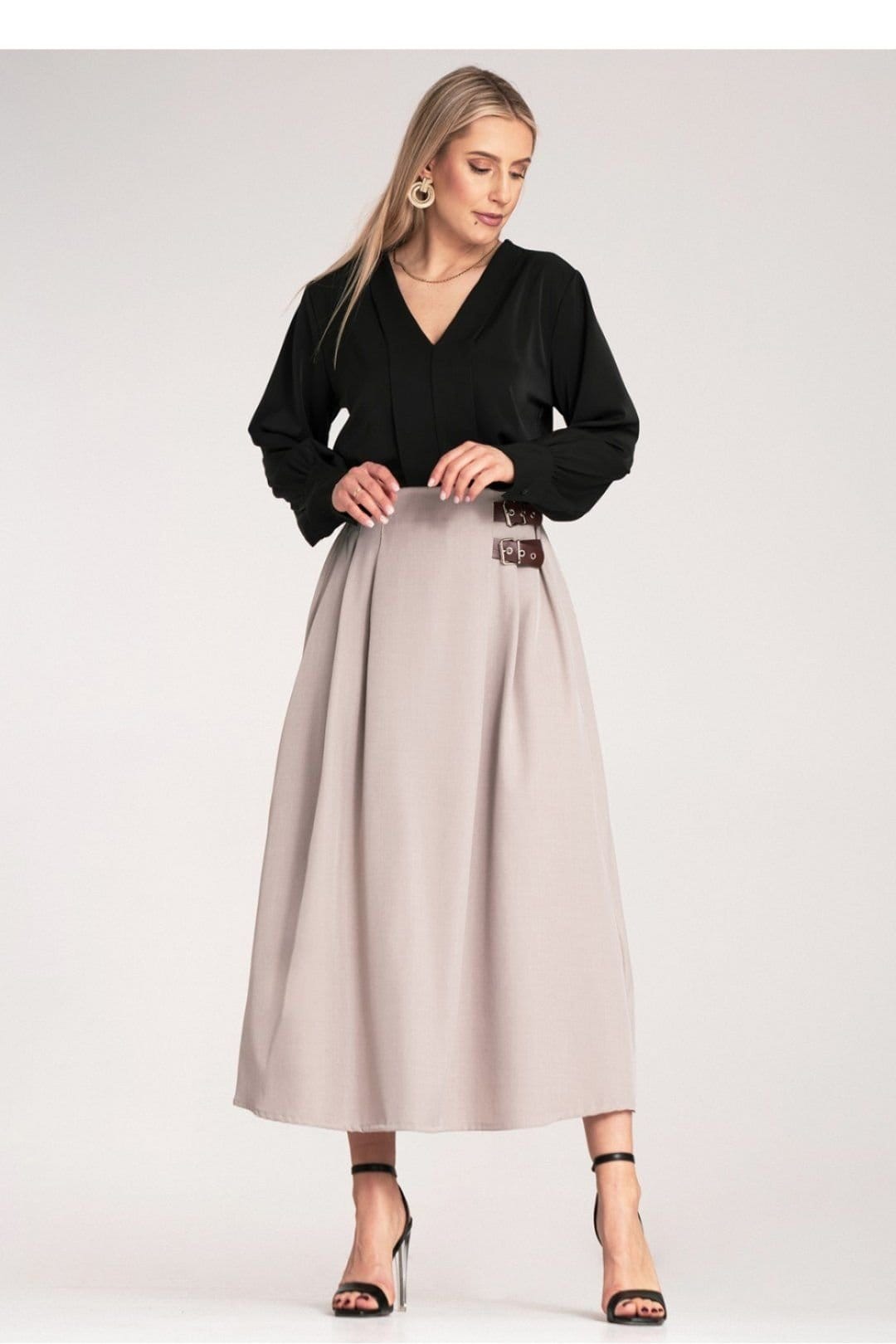 Love Lace Love Lace Women's Elegant Midi Pleated Skirt with Side Buckles in Beige - 4