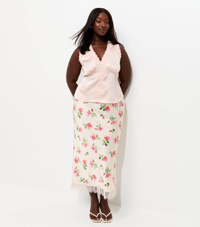 New Look Women's Plus Size White Rose Print Lace Trim Midi Skirt Curves New Look - 3