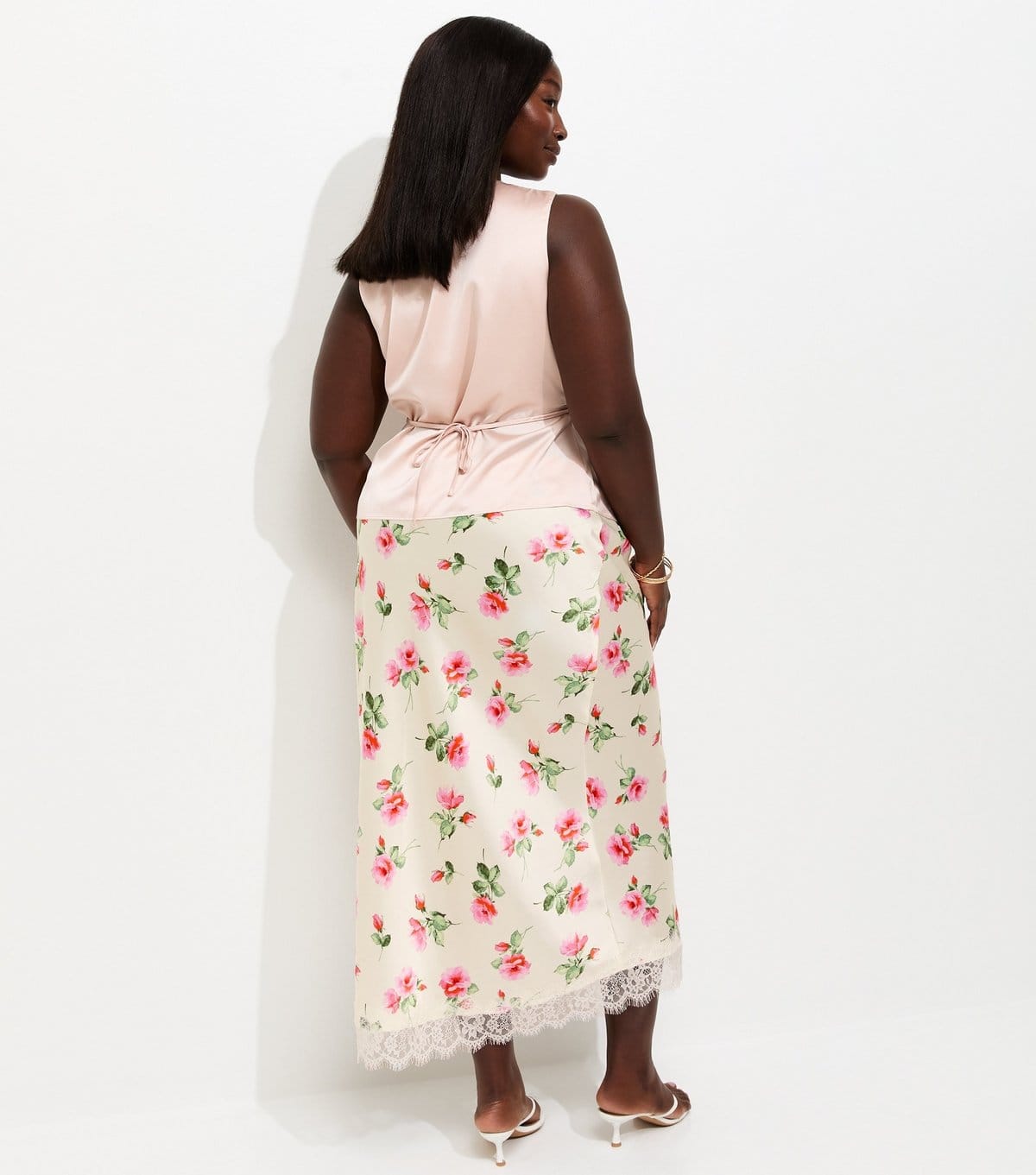 New Look Women's Plus Size White Rose Print Lace Trim Midi Skirt Curves New Look - 4