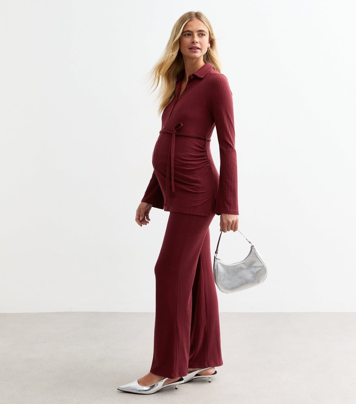 New Look New Look Burgundy Ribbed Maternity Wide Leg Trousers