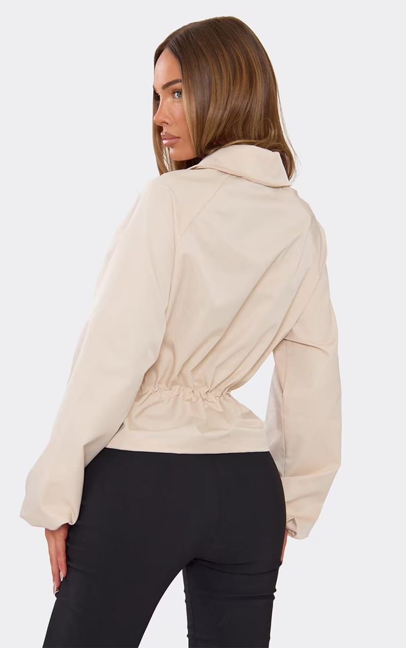 EGO Long Sleeve Cinched Waist Collared Shell Jacket In Stone, Women's Size UK 6 - 1