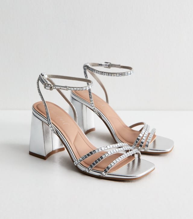 New Look Women's Silver Embellished Strappy Block Heel Sandals Vegan New Look - 2