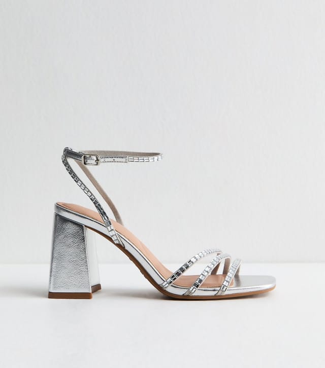 New Look Women's Silver Embellished Strappy Block Heel Sandals Vegan New Look - 3