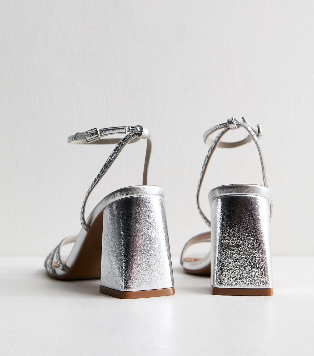 New Look Women's Silver Embellished Strappy Block Heel Sandals Vegan New Look - 4