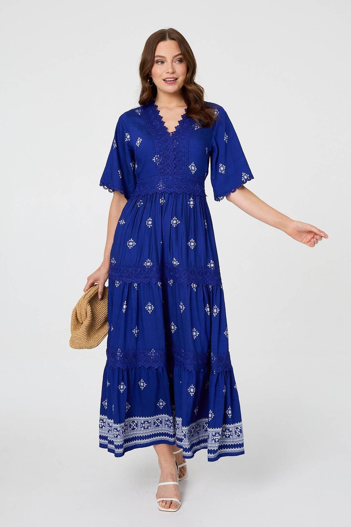 Izabel London Izabel London Women's Border Print 1/2 Sleeve Maxi Dress in Blue