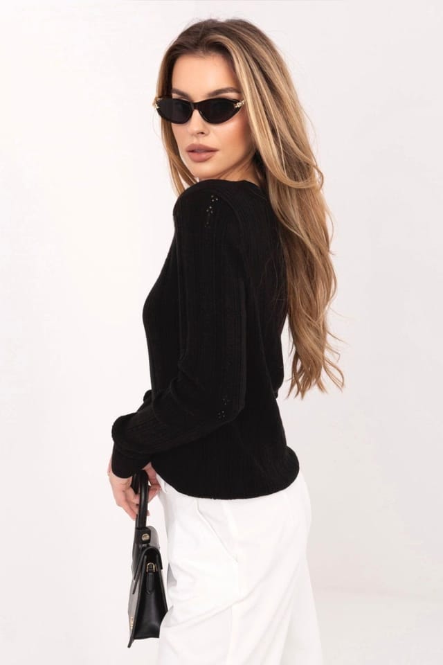 Love Lace Love Lace Women's Stylish Openwork V Neck Button Cardigan Sweater in Black - 2