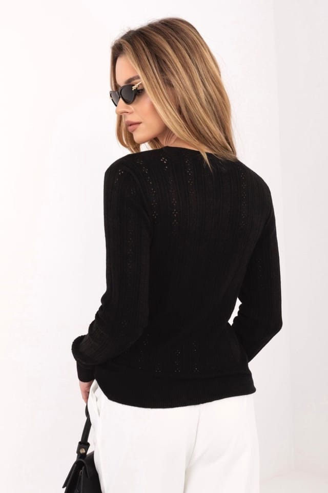 Love Lace Love Lace Women's Stylish Openwork V Neck Button Cardigan Sweater in Black - 3