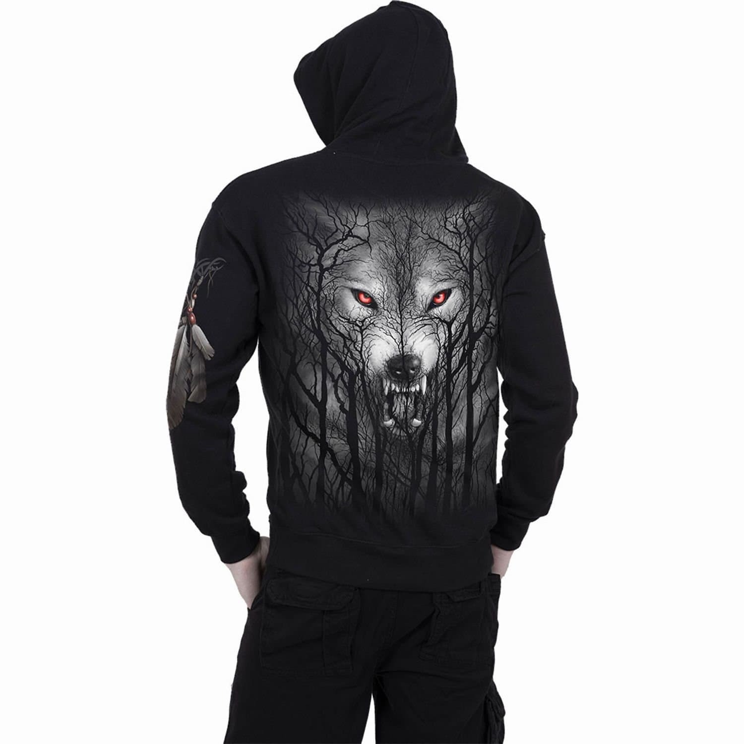 Spiral Direct Spiral Direct Men's Forest Wolf Back Print Full Zip Hoodie in Black