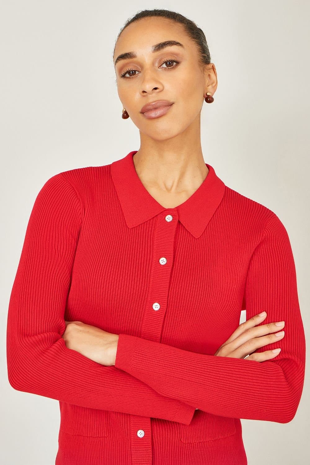 Yumi Yumi Women's Red Ribbed Collar Button Up Cardigan