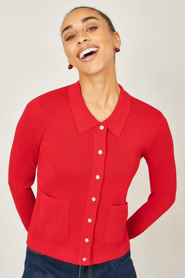 Yumi Yumi Women's Red Ribbed Collar Button Up Cardigan - 2