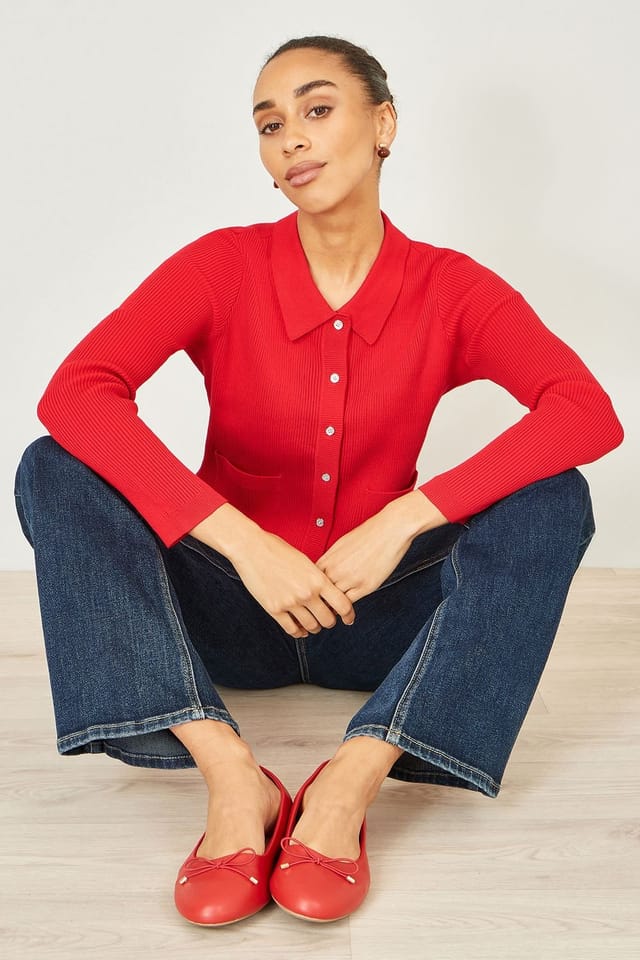 Yumi Yumi Women's Red Ribbed Collar Button Up Cardigan - 3