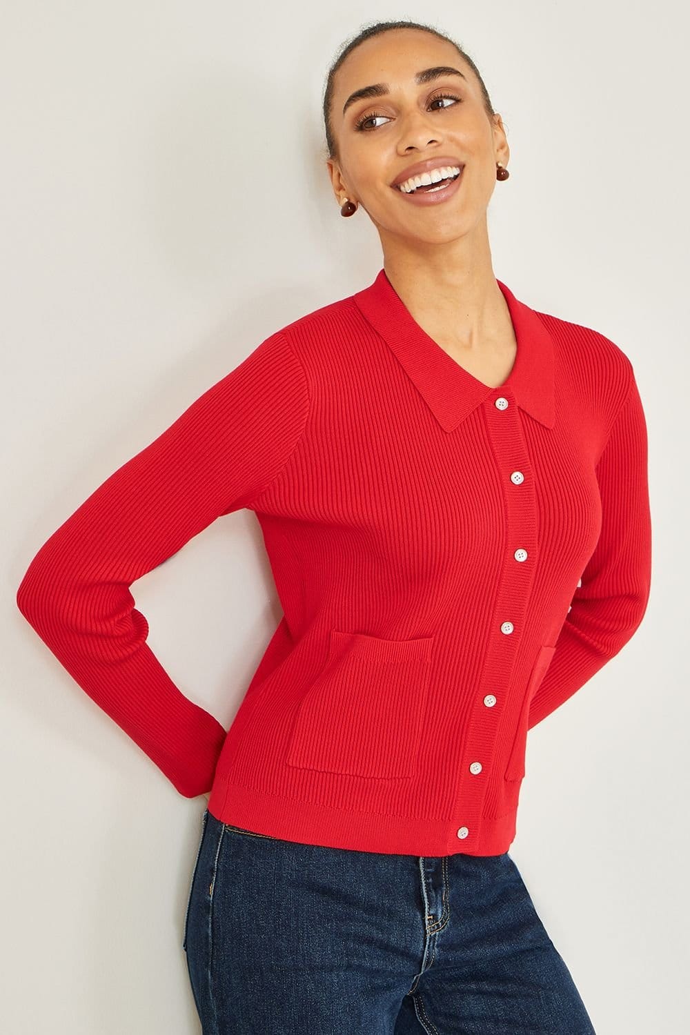 Yumi Yumi Women's Red Ribbed Collar Button Up Cardigan - 4