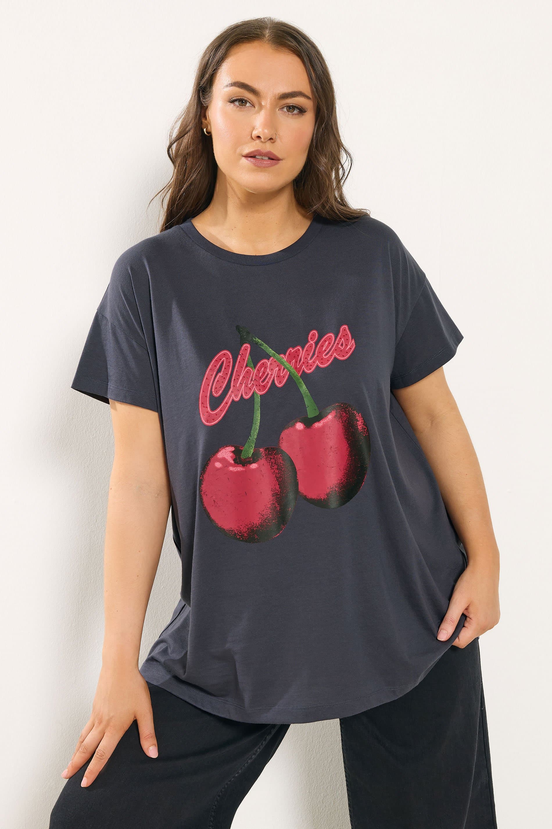 Yours Plus Size Grey 'Cherries' Slogan Tshirt