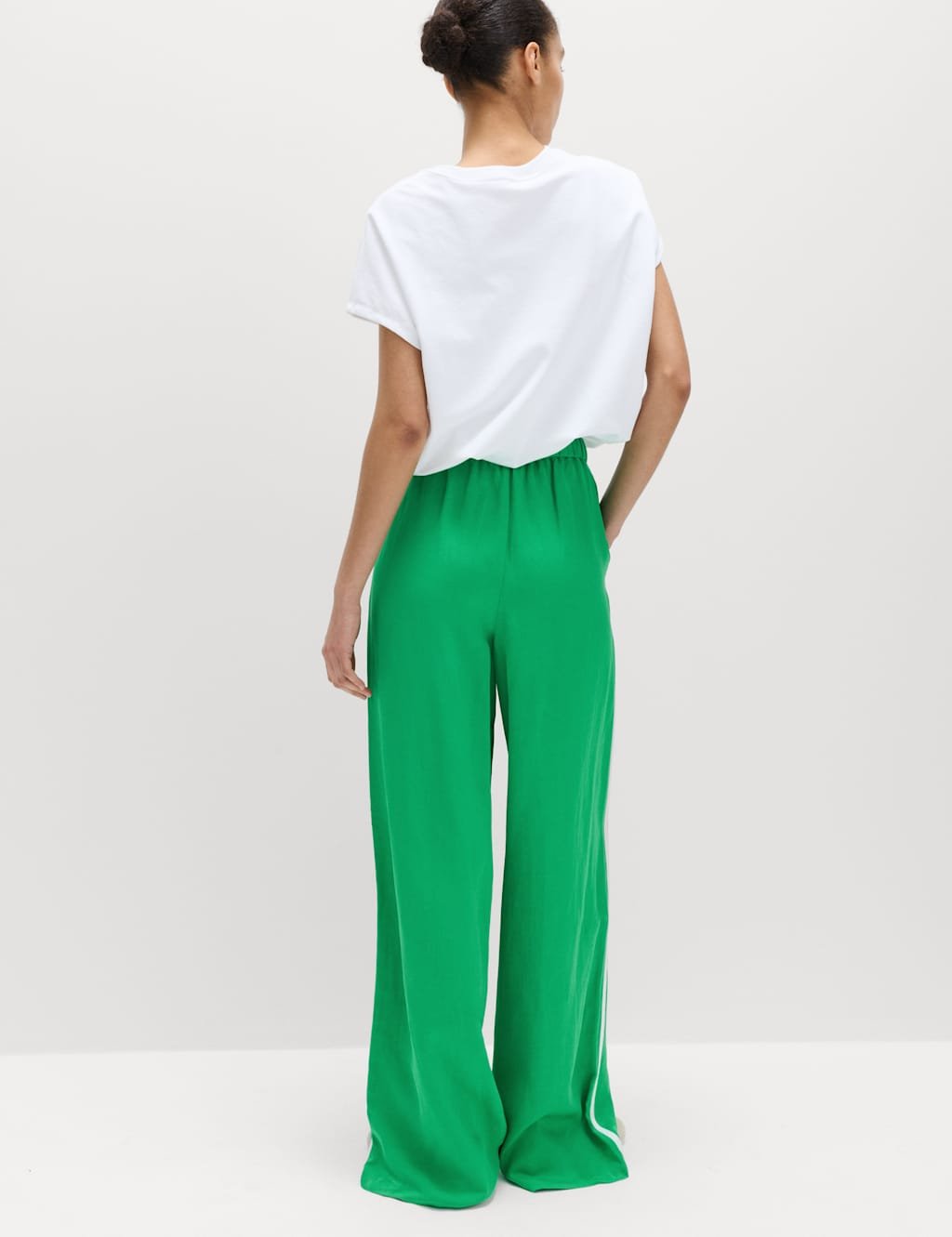 Marks & Spencer M&S Side Stripe Wide Leg Trousers with Linen Green Mix - 3
