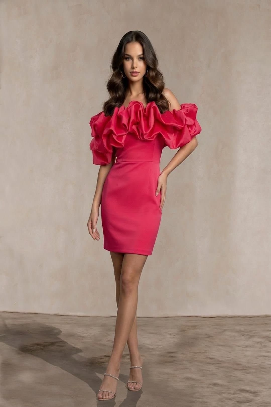 chi chi london Chi Chi London Women's Ruffle Bardot Satin Mini Dress in Pink