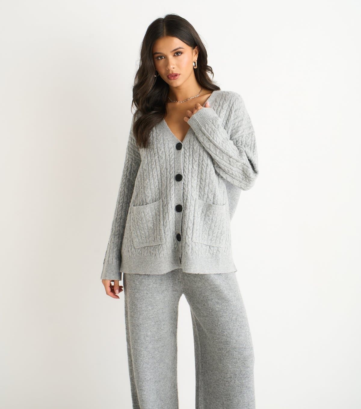 Gini London Women's Grey Cable Knit Cardigan Gini London New Look