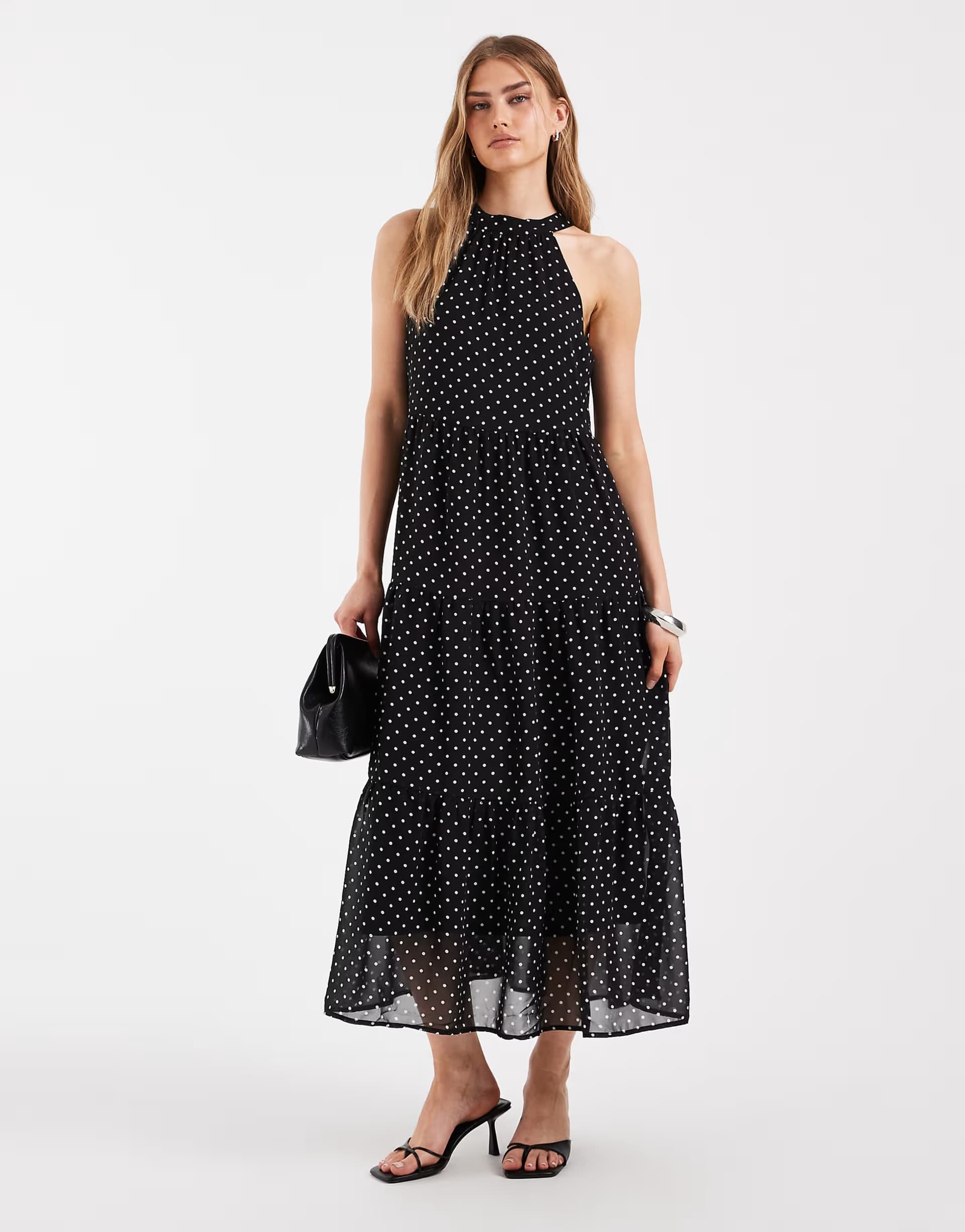 ASOS ONLY halterneck midaxi dress in black polka dots
