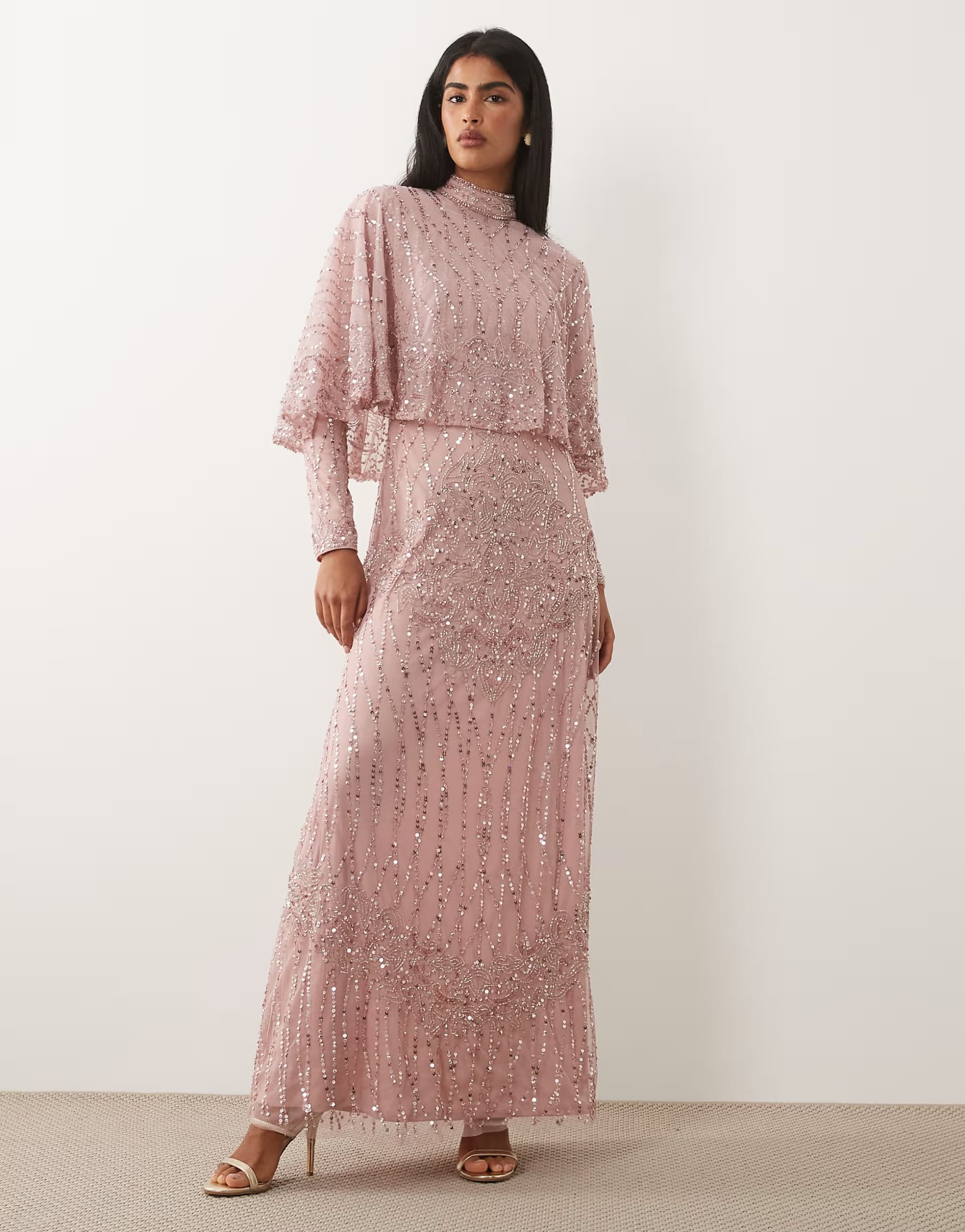 ASOS Beauut embellished cape detail maxi dress in light pink