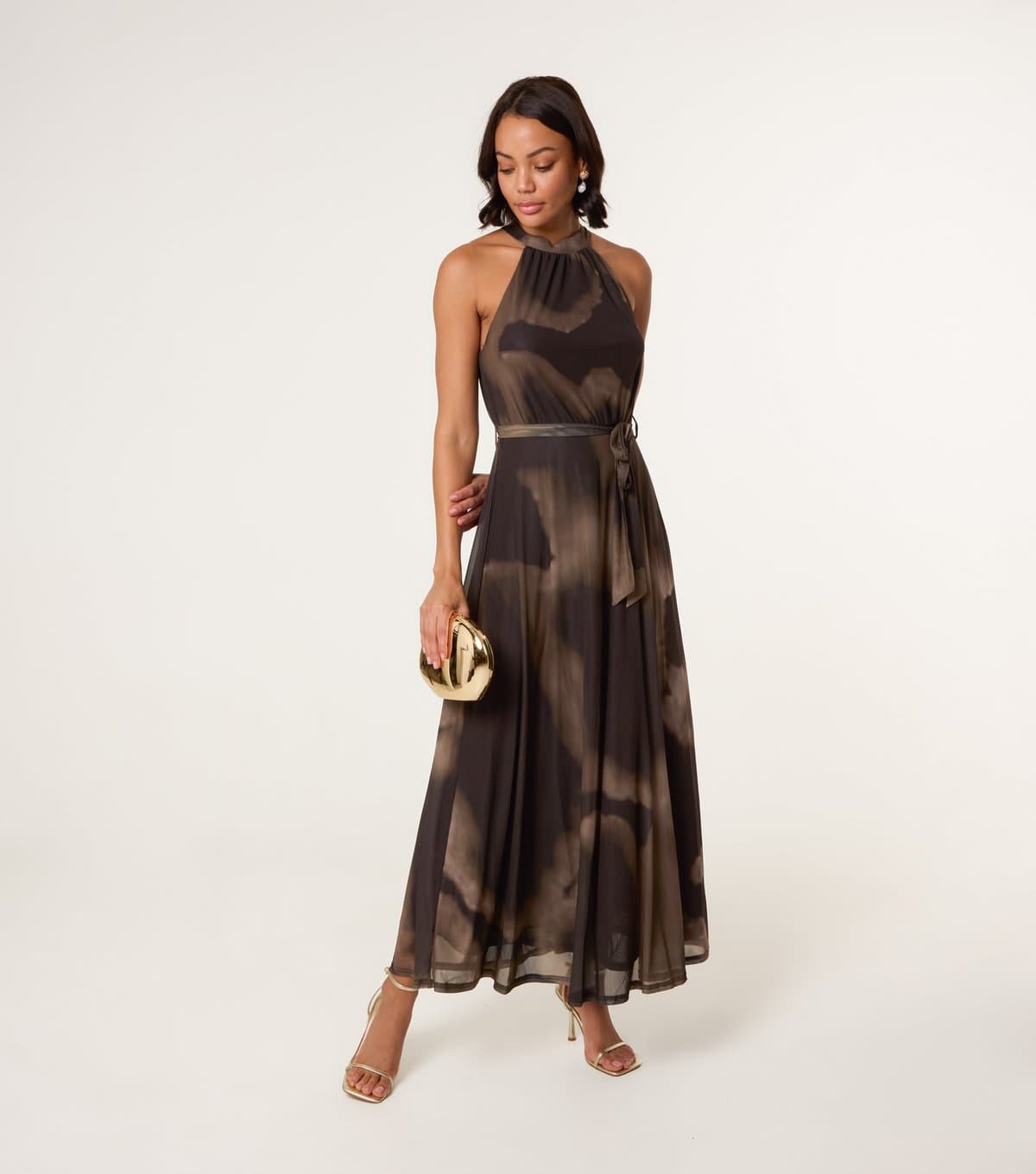 Blue Vanilla Women's Brown Printed Mesh Halterneck Midi Dress Blue Vanilla New Look