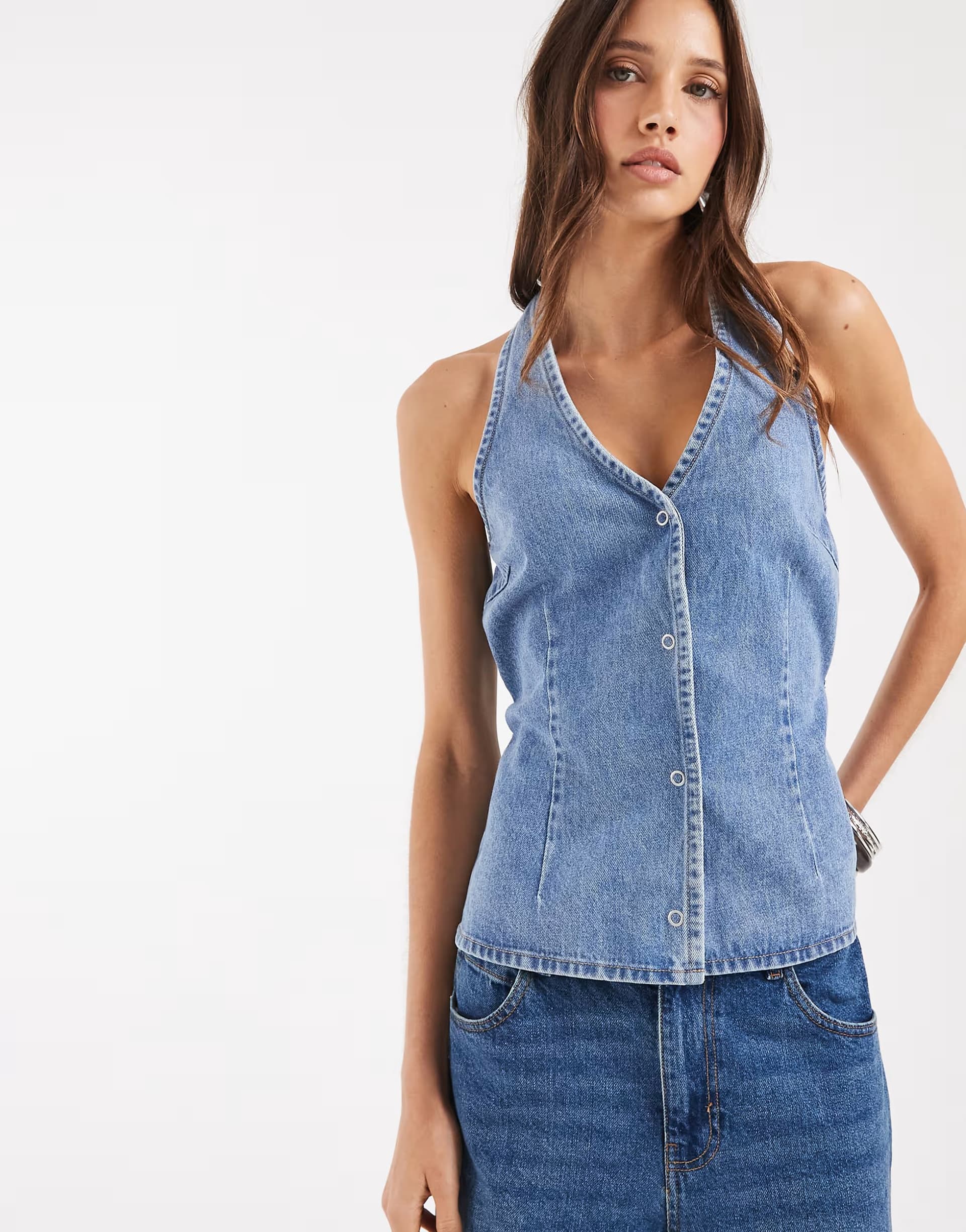 ASOS Object halter neck tie waist denim top in medium blue wash
