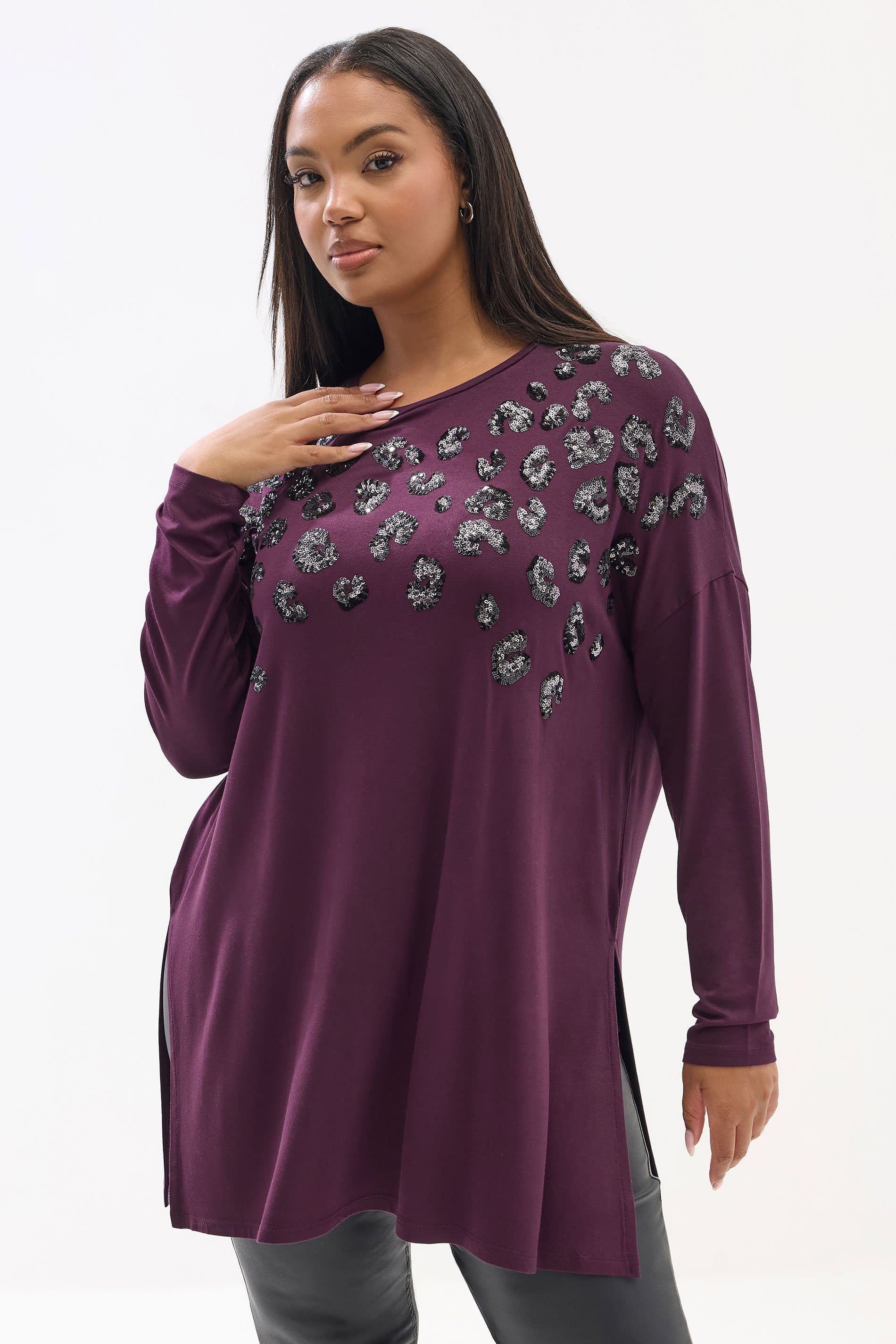 Yours Plus Size Purple Leopard Sequin Long Sleeve Top