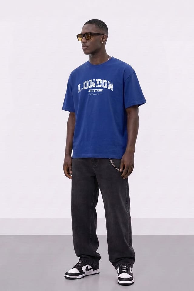 LONDON ATTITUDE LONDON ATTITUDE Men's Fearless Street Culture Oversized Heavyweight Graphic T-Shirt in Royal - 2