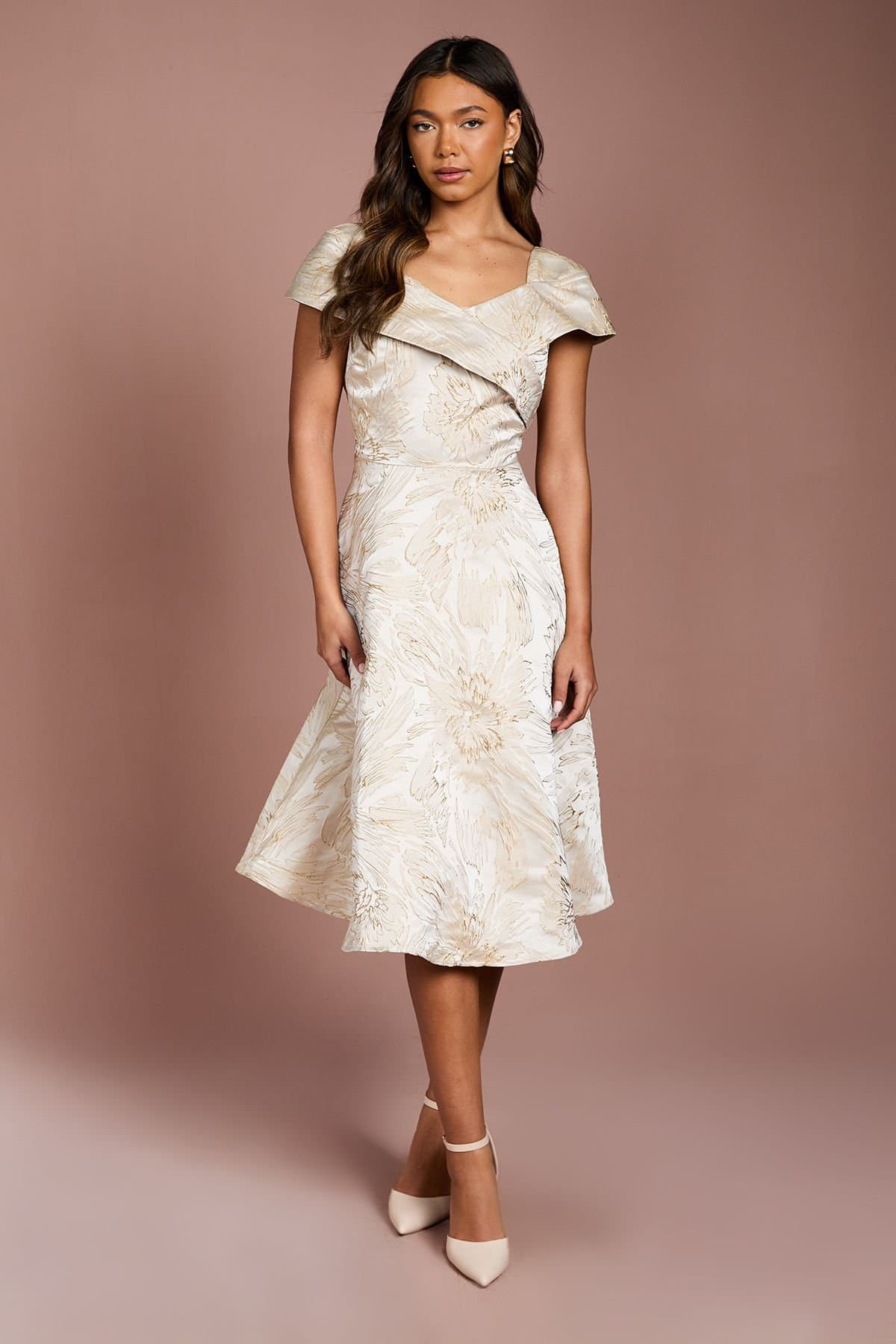 Coast Coast Women's Off the Shoulder Jacquard Full Skirted Midi Dress in Champagne
