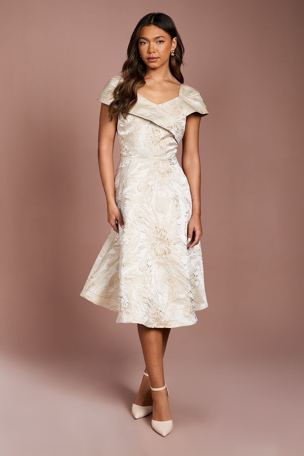 Coast Champagne Jacquard Off-Shoulder Midi Dress
