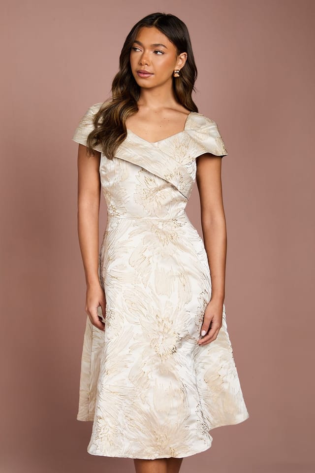 Coast Coast Women's Off the Shoulder Jacquard Full Skirted Midi Dress in Champagne - 2