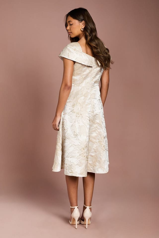 Coast Coast Women's Off the Shoulder Jacquard Full Skirted Midi Dress in Champagne - 3