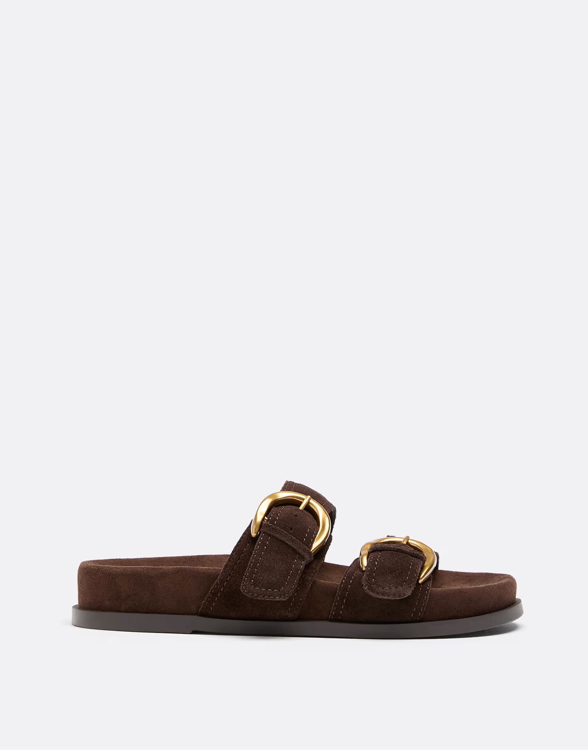 ASOS Stradivarius Wide fit. flat leather buckle sandals in brown
